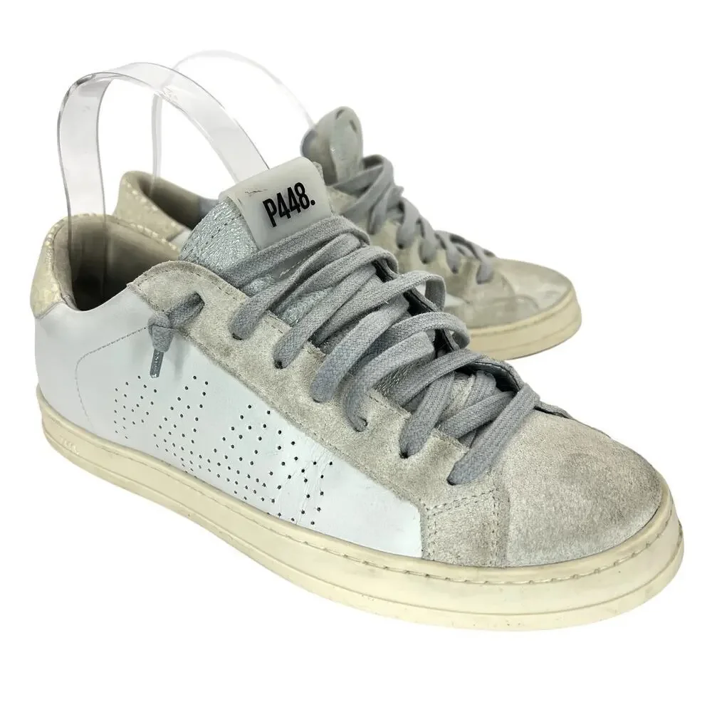 P448 John Sneaker White Leather Perforated Logo Gray Suede Lace Up 38